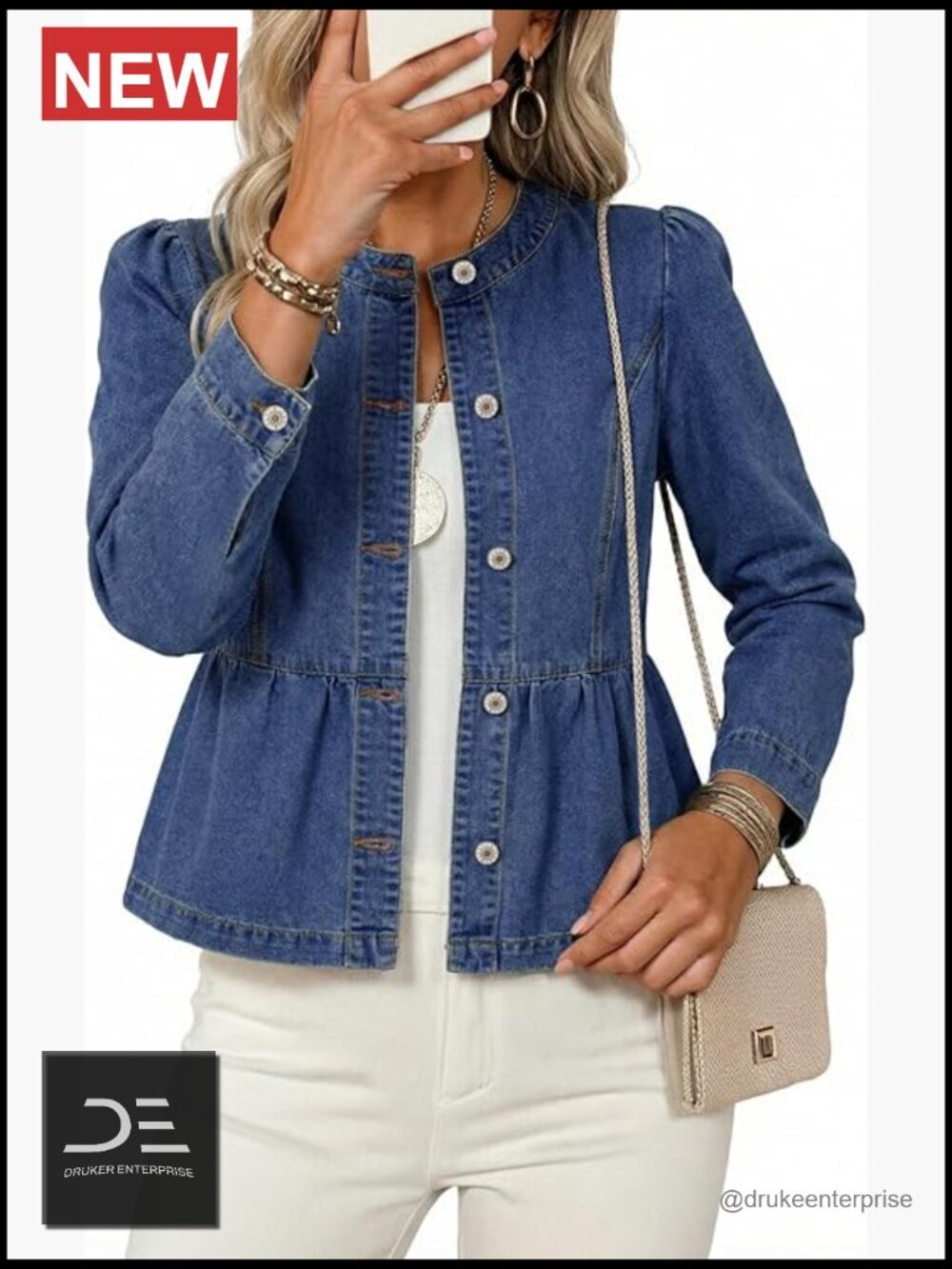 Cropped Denim Jacket Button Down Collarless Cinched Waist Peplum Hem Puff